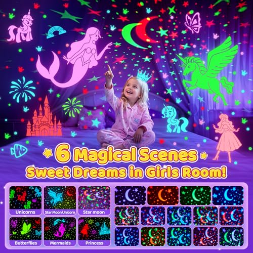 One Fire Onefire Girl Gifts, 6 Films Light Projector Unicorn Toys for Girls Age 4-6,Rechargeable Night Lights for Bedroom,360° Rotating Butterfly Lamp for Room Decor,Mermaid Princess Toddler Toys Toddler Gifts - Image 3