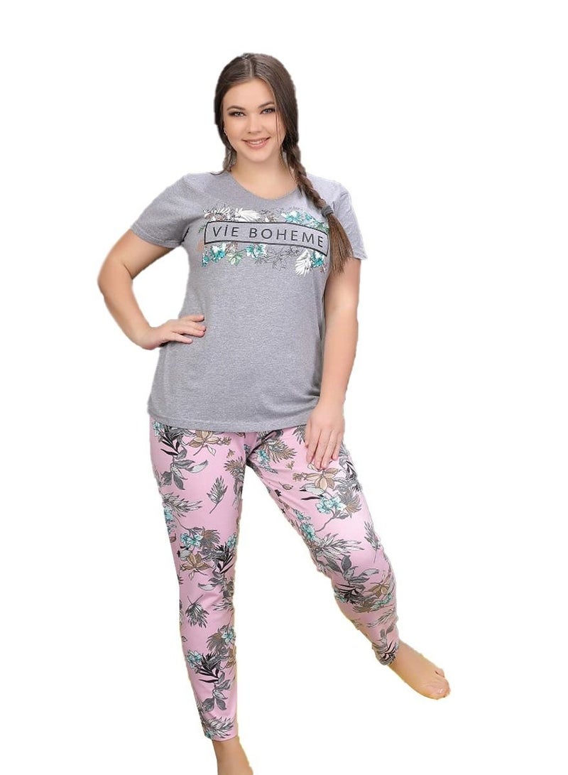 Ganna Women's short-sleeved pyjamas and summer long pants made of cotton large sizes 