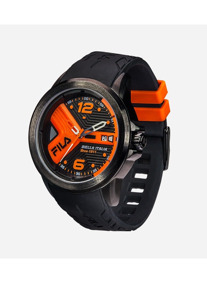 فيلا ساعة فيلا اكتيف للجنسين بعقارب، هيكل أسود من خليط معدني، مينا أسود/برتقالي، سوار سيليكون أسود، 38-170-203، مقاس 43 مم - Image 2
