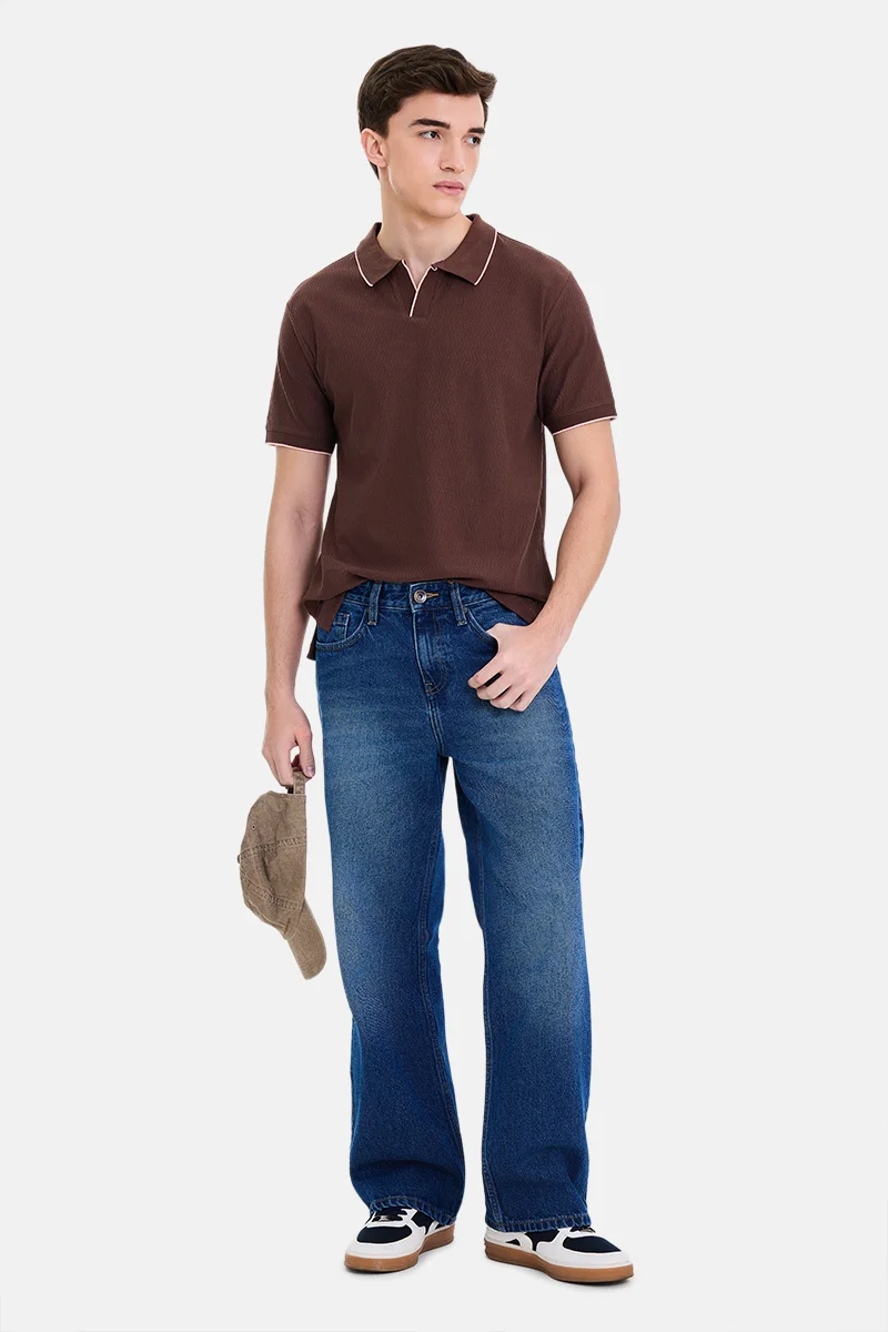 SNITCH Brown Textured Half Sleeve Regular Fit Casual T-Shirt