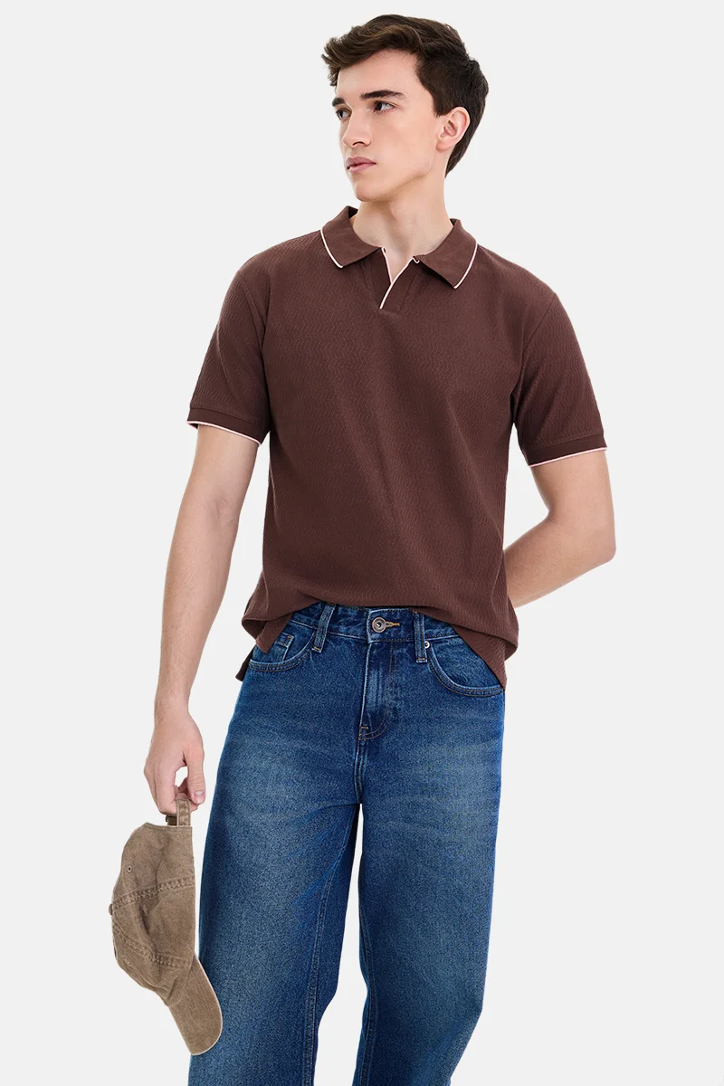 SNITCH Brown Textured Half Sleeve Regular Fit Casual T-Shirt