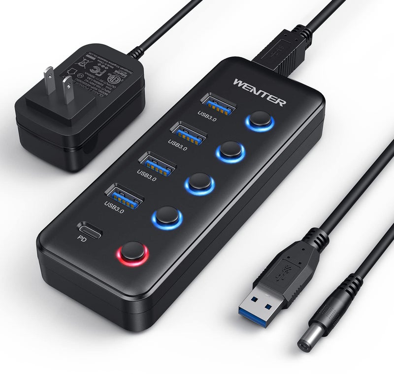 Wenter Powered USB 3.0 Hub, Wenter 5-Port USB Hub Splitter (4 Faster Data Transfer Ports+ 1 Type-C Charging Ports) with Individual LED On/Off Switches, USB Hub 3.0 Powered with Power Adapter for Mac, PC - Image 1