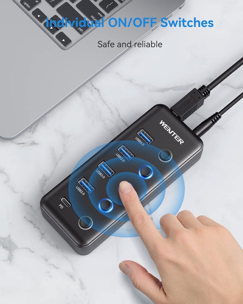 Wenter Powered USB 3.0 Hub, Wenter 5-Port USB Hub Splitter (4 Faster Data Transfer Ports+ 1 Type-C Charging Ports) with Individual LED On/Off Switches, USB Hub 3.0 Powered with Power Adapter for Mac, PC - Image 2