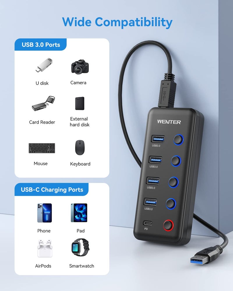 Wenter Powered USB 3.0 Hub, Wenter 5-Port USB Hub Splitter (4 Faster Data Transfer Ports+ 1 Type-C Charging Ports) with Individual LED On/Off Switches, USB Hub 3.0 Powered with Power Adapter for Mac, PC - Image 3