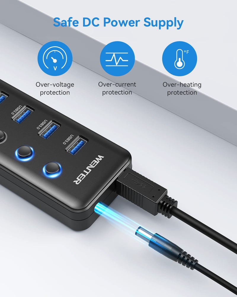 Wenter Powered USB 3.0 Hub, Wenter 5-Port USB Hub Splitter (4 Faster Data Transfer Ports+ 1 Type-C Charging Ports) with Individual LED On/Off Switches, USB Hub 3.0 Powered with Power Adapter for Mac, PC - Image 4
