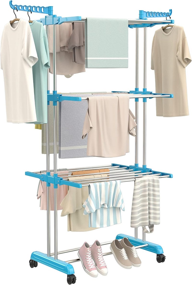 سينرجي سينيرجي – رف تجفيف ملابس من الفولاذ المقاوم للصدأ عالي الجودة | رف لمجفف الملابس | رف قابل للطي لتجفيف الملابس | رف لتعليق الملابس | رف تجفيف ملابس ثلاثي الطوابق باللون الأزرق - SY-CS19 - Image 1