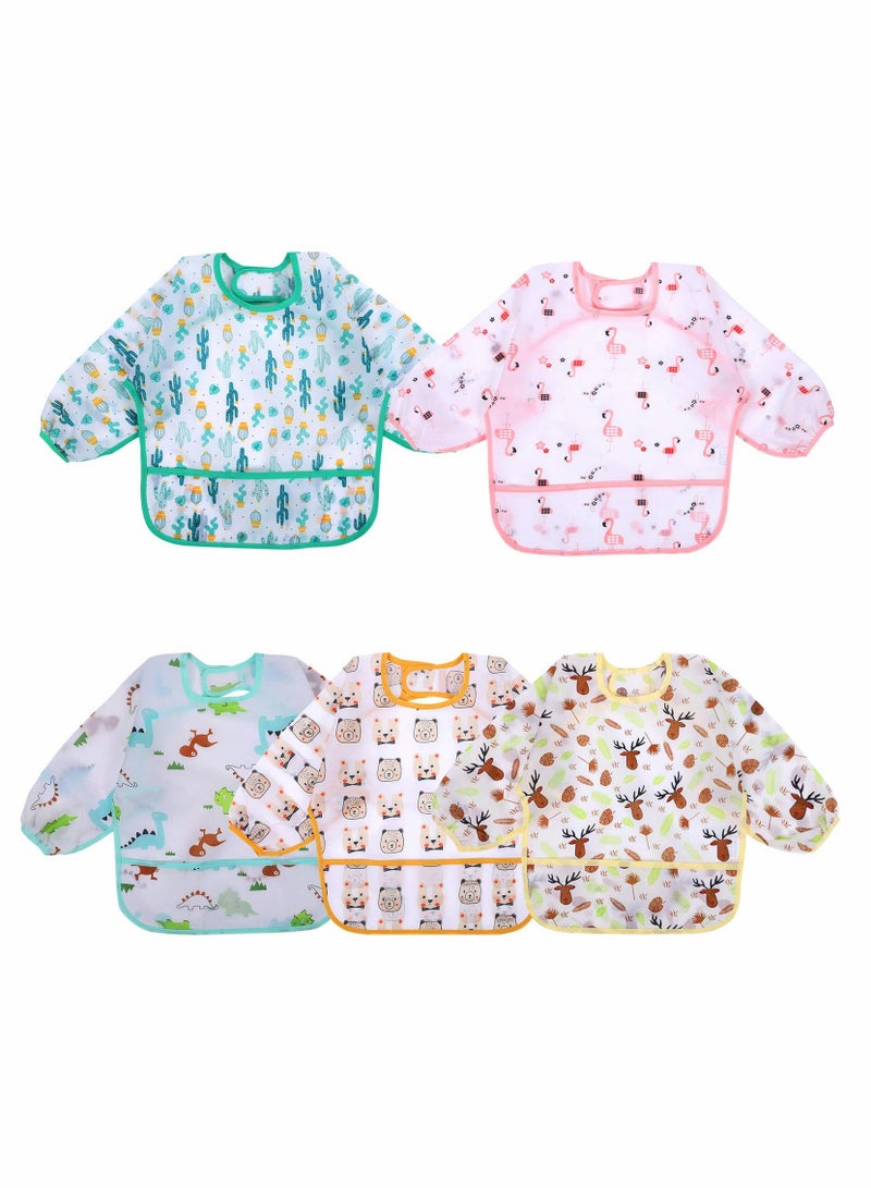 Excefore Long Sleeve Bibs for Baby, 5 Pcs Waterproof Baby Bibs, Toddler Sleeved Bib Baby Smock for Eating Feeding, Toddler Baby Bibs for 6-36 Months - Image 1