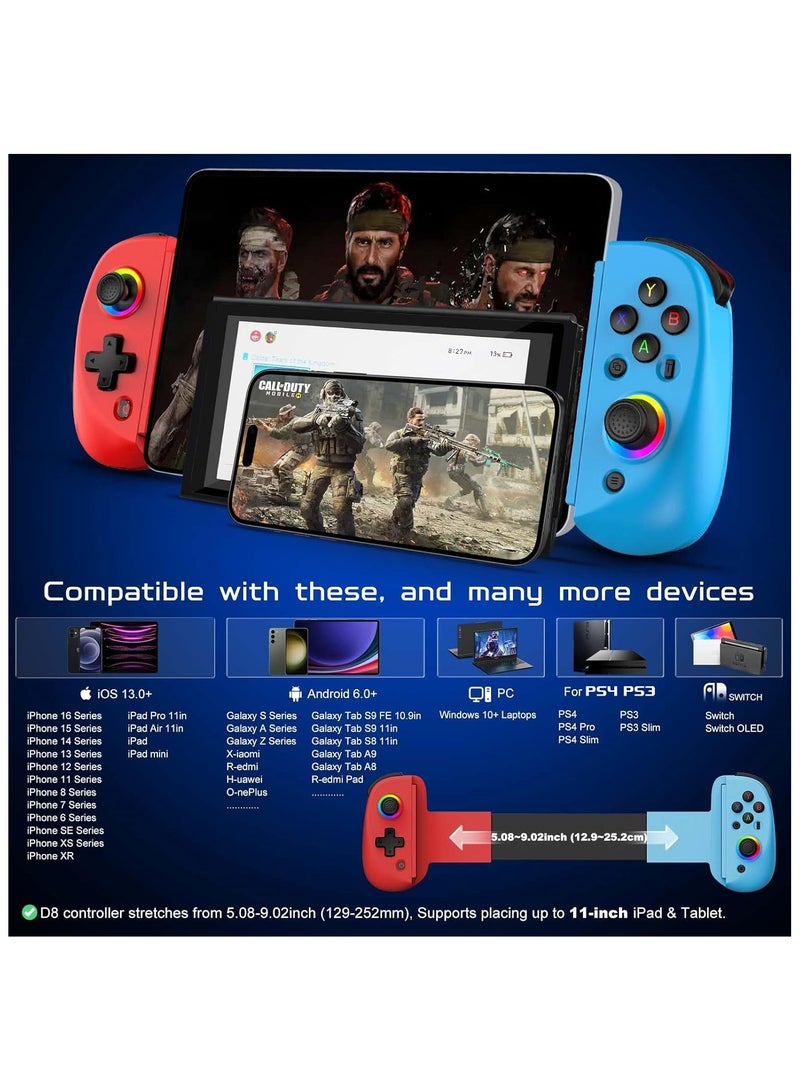 D8 Wireless Mobile Gaming Controller for IOS  Android, Bluetooth Smartphone/Tablet Handheld Joystick Gamepad with Adjustable Clip for iPhone/iPad/Samsung etc.Support Xbox/PS3/4/Switch/PC (Red+Blue) - Image 3