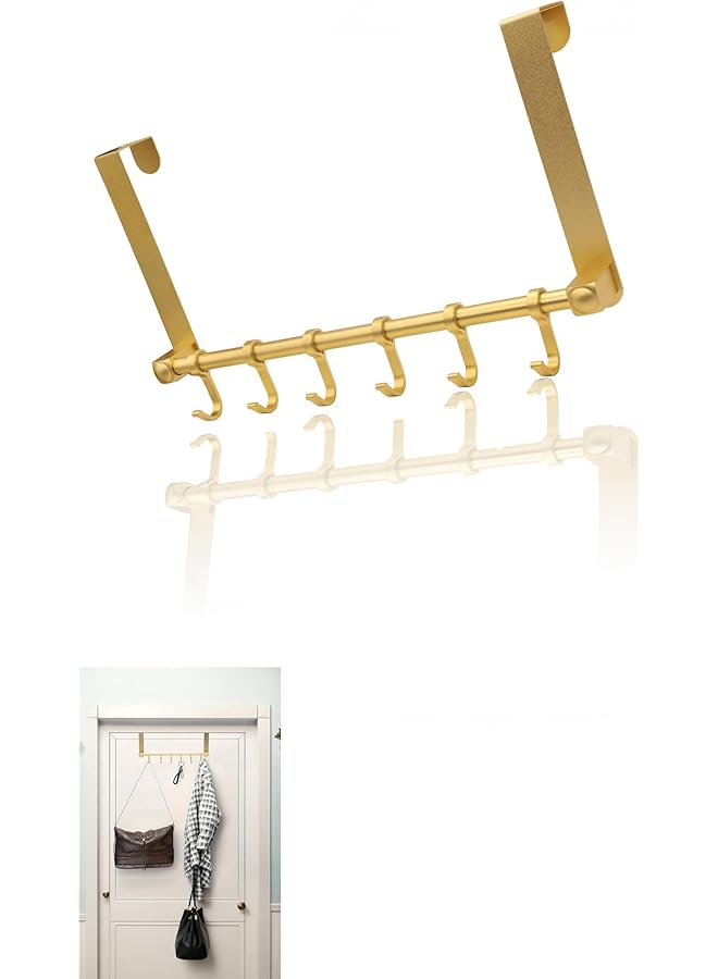 The Bros خطافات ذهبية فوق الباب - شماعة معطف متحركة بـ 6 خطافات للمنشفة، الرداء، القبعة، الحقيبة - منظم باب من الألمنيوم ثقيل الوزن، حل تخزين للحمام - Image 1
