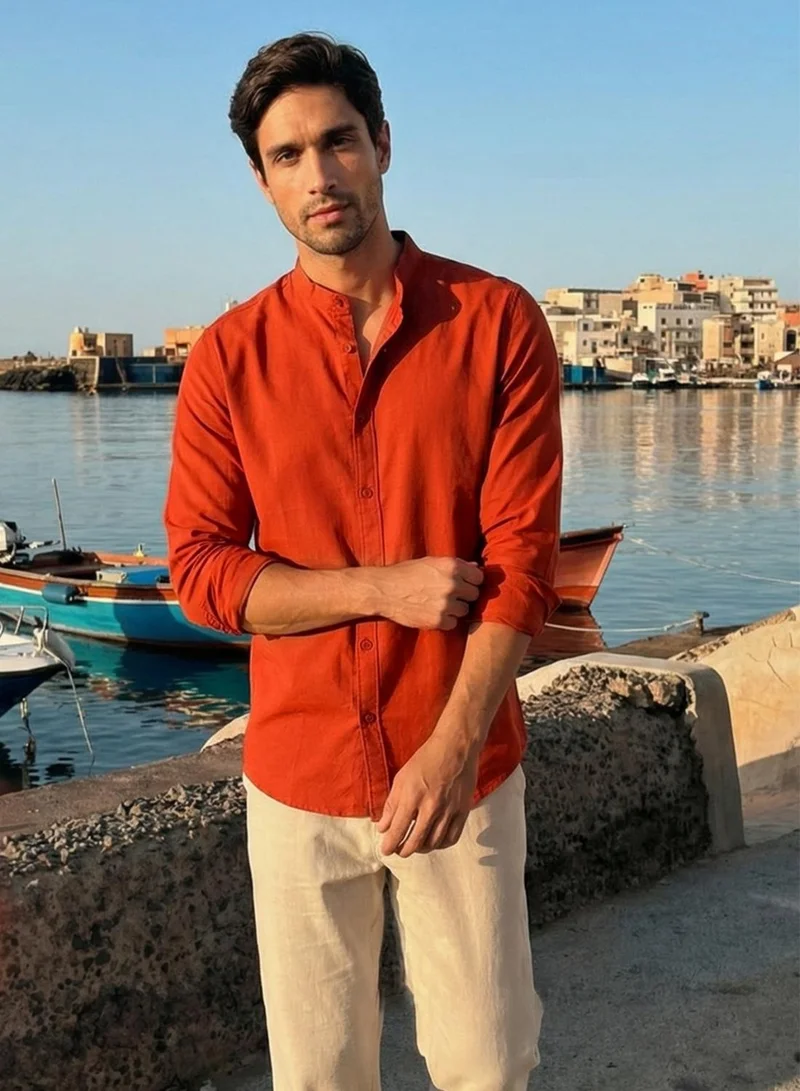 دينيس لينغو Men Rust Cotton Solid Print Button Down Regular Fit Shirt