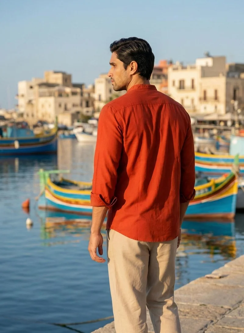دينيس لينغو Men Rust Cotton Solid Print Button Down Regular Fit Shirt
