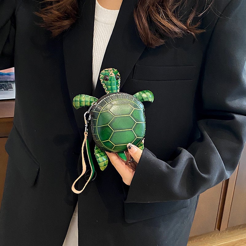 Handmade Vegetable-Tanned Leather, Simple, Fashionable and Cute Hand-Held Oblique Hanging Women''s Bag, Cartoon First-Layer Cowhide Turtle Coin Purse - Image 4