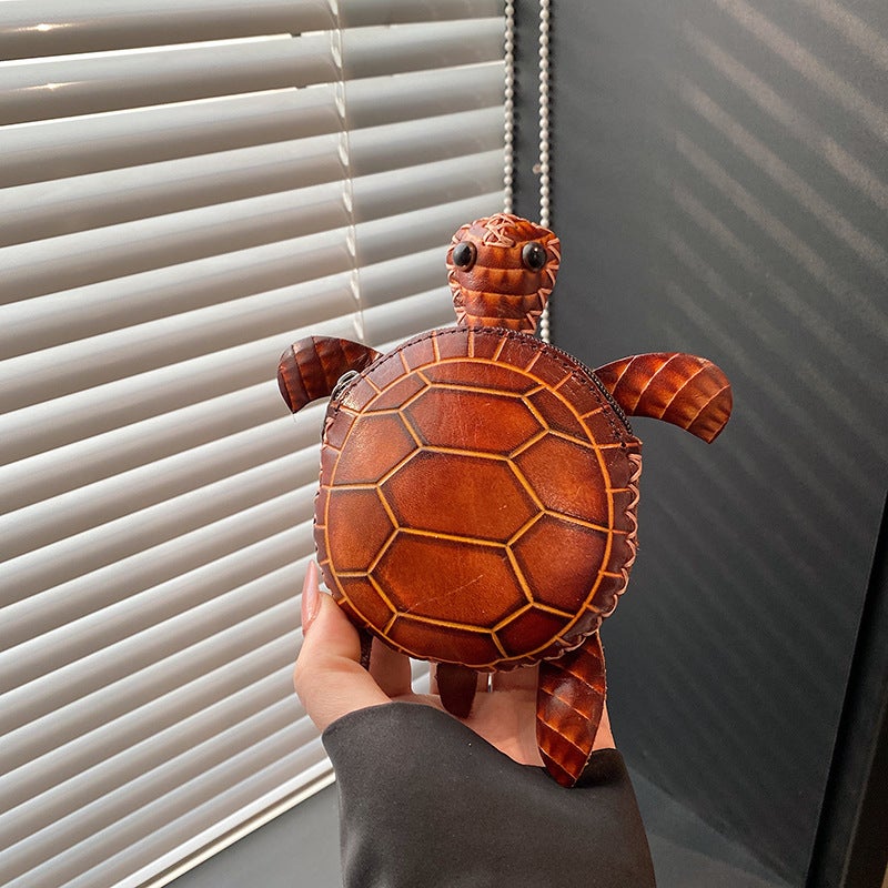 Handmade Vegetable-Tanned Leather, Simple, Fashionable and Cute Hand-Held Oblique Hanging Women''s Bag, Cartoon First-Layer Cowhide Turtle Coin Purse - Image 2