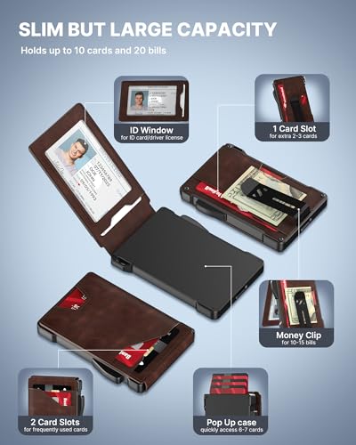 typecase محفظة تاكتيكال للرجال حاملة بطاقات: علبة بطاقات قابلة للظهور، جلد طبيعي، ذكي، حجب RFID، نحيف، بسيط، رفيع، جيب أمامي - سعة 9-13 بطاقة، نافذة هوية، مشبك نقود (بني) - Image 2