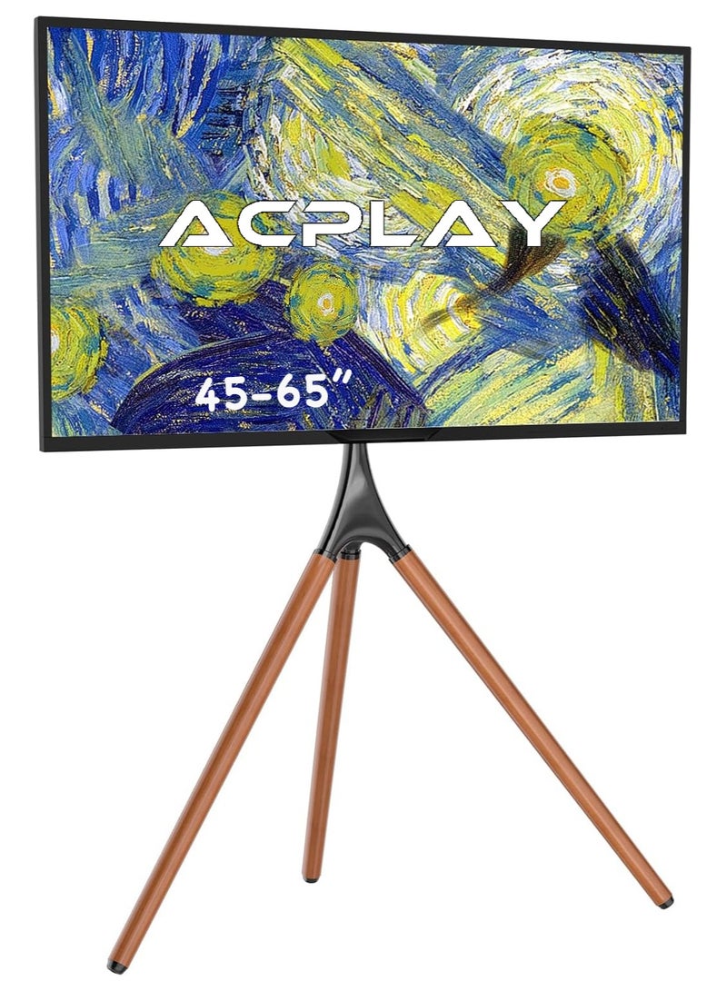 ACPLAY Easel Tripod TV Stand for 45–65 Inch Screens, Swivel Floor TV Mount with Walnut Wood Legs, Height Adjustable Art Display, Holds up to 88 lbs for Home, Studio, Office  - Image 1