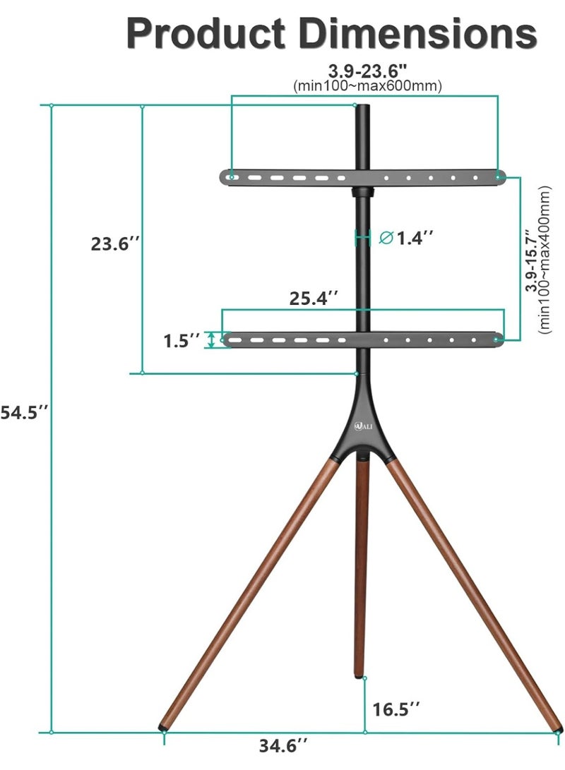 ACPLAY Easel Tripod TV Stand for 45–65 Inch Screens, Swivel Floor TV Mount with Walnut Wood Legs, Height Adjustable Art Display, Holds up to 88 lbs for Home, Studio, Office - Image 4