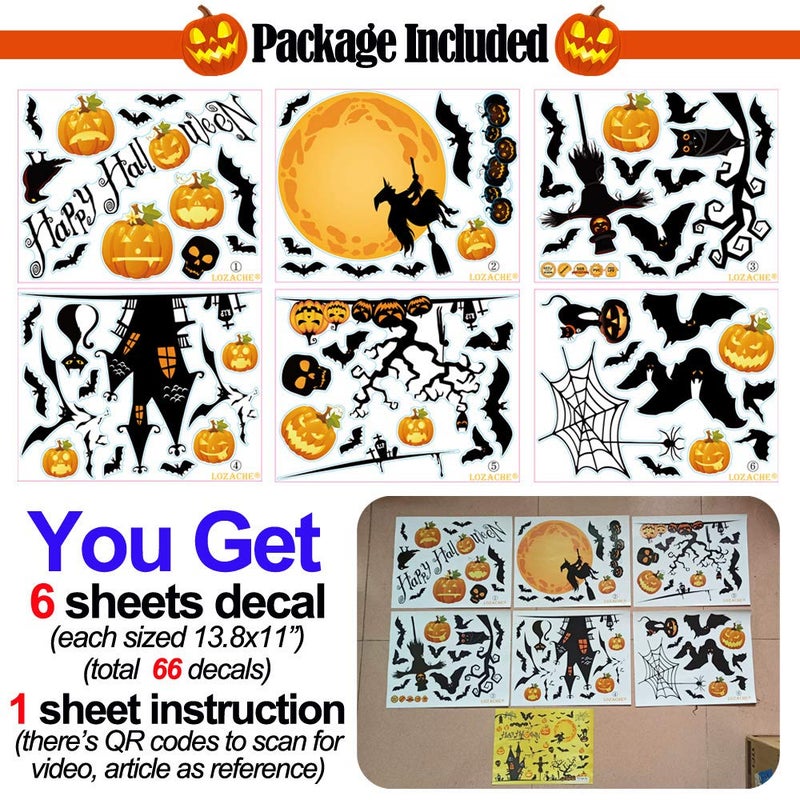 LOZACHE Happy Halloween Removable Wall Stickers Window Art Decoration Vinyl Witch Bats Pumpkin Decals for Home Decor Indoor Outdoor - Image 3
