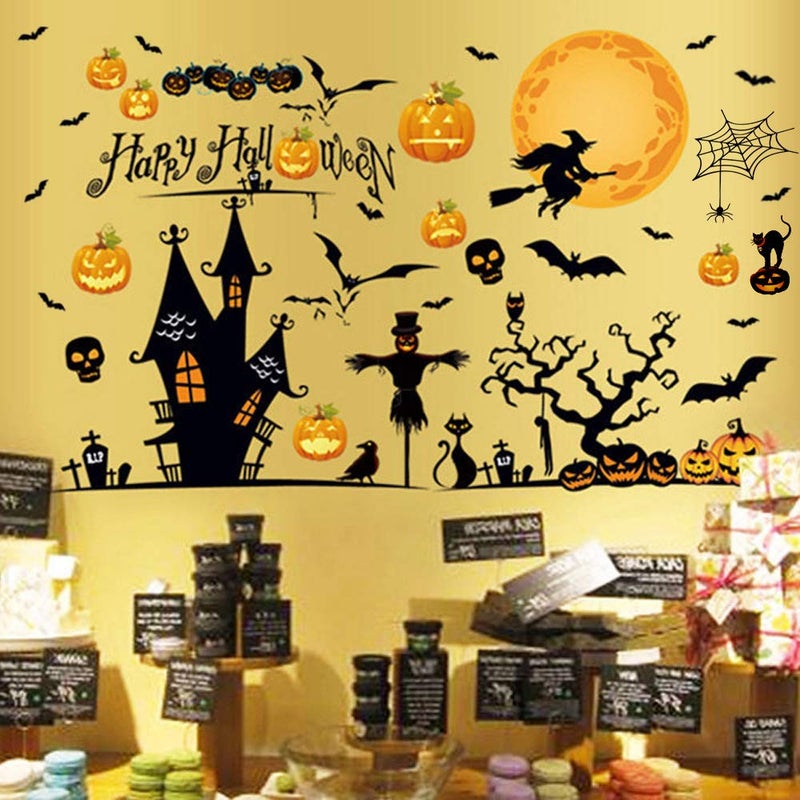 LOZACHE Happy Halloween Removable Wall Stickers Window Art Decoration Vinyl Witch Bats Pumpkin Decals for Home Decor Indoor Outdoor - Image 1