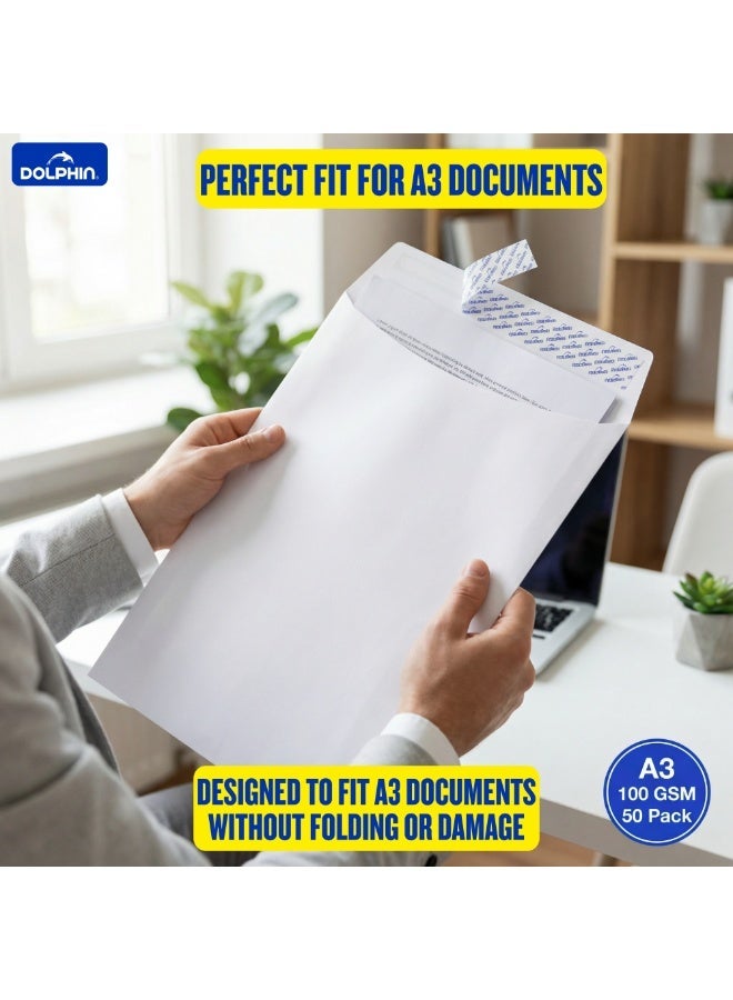 Dolphin A3 White Envelope 100 GSM – Pack of 50, Premium Quality Paper, Peel & Seal Closure, Made in Malaysia - Image 3