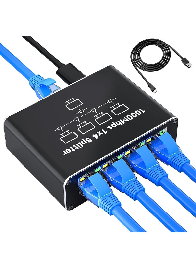 SMART SOURCE Ethernet Splitter 1 to 4 1000Mbps, SMART SOURCE Internet Cable Splitter 1 in 4 Out High Speed Network Switch, Gigabit for LAN RJ45 Port Router Switch Work with Cat6/7/8 Cable, With USB-C Cable  - Image 1