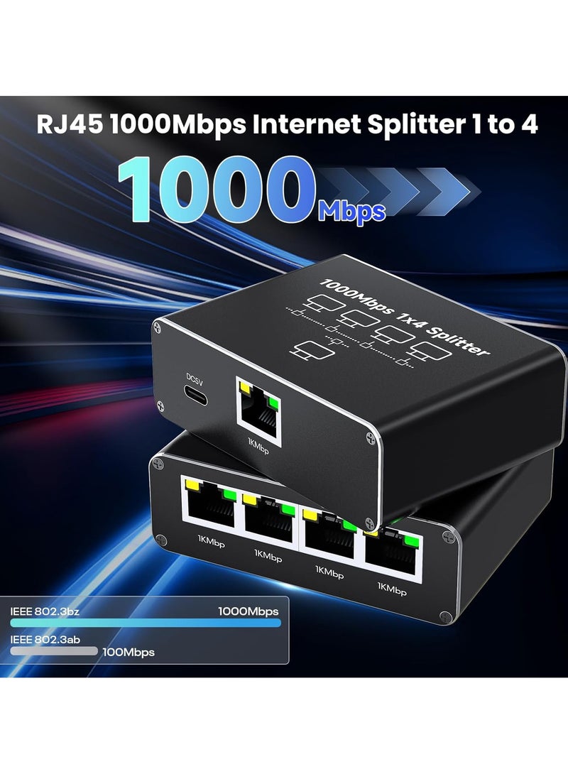 SMART SOURCE Ethernet Splitter 1 to 4 1000Mbps, SMART SOURCE Internet Cable Splitter 1 in 4 Out High Speed Network Switch, Gigabit for LAN RJ45 Port Router Switch Work with Cat6/7/8 Cable, With USB-C Cable  - Image 2