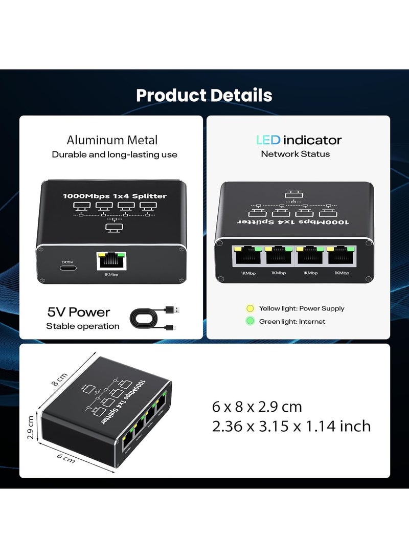 SMART SOURCE Ethernet Splitter 1 to 4 1000Mbps, SMART SOURCE Internet Cable Splitter 1 in 4 Out High Speed Network Switch, Gigabit for LAN RJ45 Port Router Switch Work with Cat6/7/8 Cable, With USB-C Cable  - Image 5