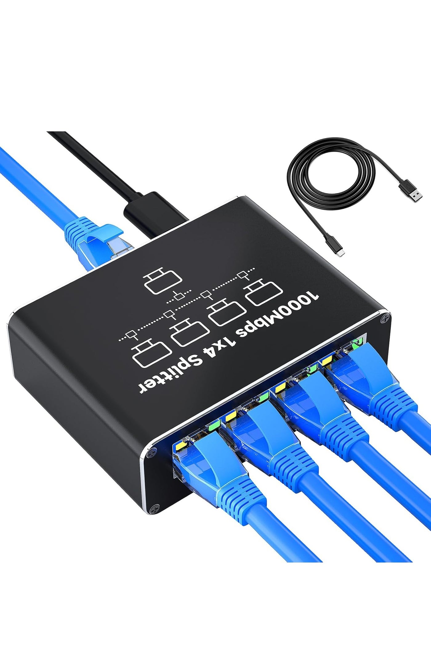 Ethernet Splitter 1 to 4 1000Mbps, SMART SOURCE Internet Cable Splitter 1 in 4 Out High Speed Network Switch, Gigabit for LAN RJ45 Port Router Switch Work with Cat6/7/8 Cable, With USB-C Cable