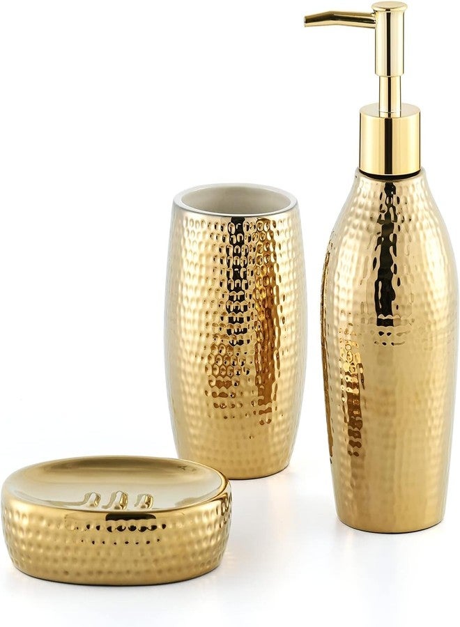 Satu Brown Gold Bathroom Accessory Set - 3 Piece Decorative Ceramic Bathroom Accessories Sets with Lotion Soap Dispenser, Toothbrush Holder/Tumbler and Soap Dish, Golden Gift Set for New Home Decor - Image 1
