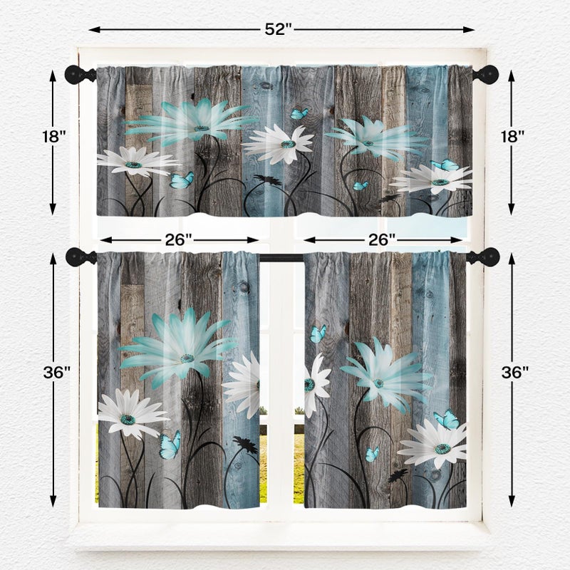 Tayney Farmhouse Floral Kitchen Window Curtains Valance and Tier Set 36 Inch, Teal and White Vintage Daisies 3 Piece Rod Pocket Short Tier Curtain for Bathroom, Country Drapes for Kitchen Decor - Image 4