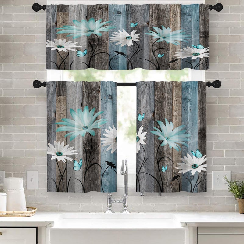 Tayney Farmhouse Floral Kitchen Window Curtains Valance and Tier Set 36 Inch, Teal and White Vintage Daisies 3 Piece Rod Pocket Short Tier Curtain for Bathroom, Country Drapes for Kitchen Decor - Image 1