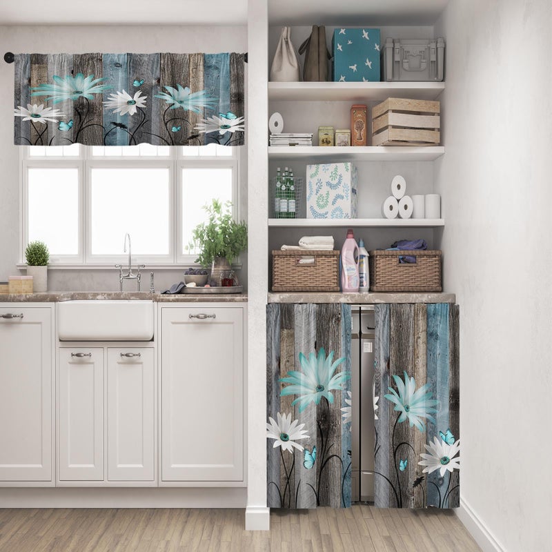 Tayney Farmhouse Floral Kitchen Window Curtains Valance and Tier Set 36 Inch, Teal and White Vintage Daisies 3 Piece Rod Pocket Short Tier Curtain for Bathroom, Country Drapes for Kitchen Decor - Image 2