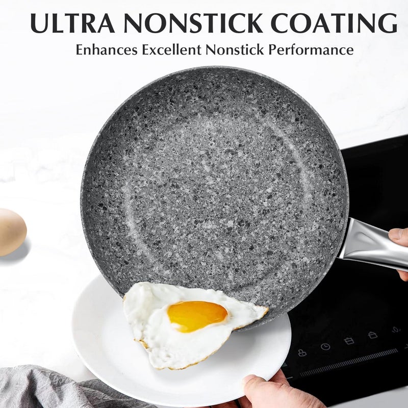 KOCH SYSTEME CS 11" Grey Non stick Granite Stone Frying Pan with Lid, Toxin-free Granite Nonstick Coating Cookware, Ultra Nonstik Skillet with Stainless Steel Handle, Oven Safe&All Stovetop Compatible - Image 2