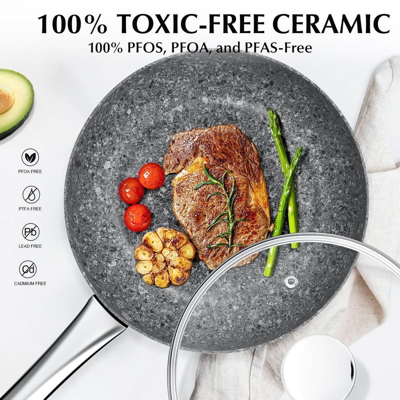 KOCH SYSTEME CS 11" Grey Non stick Granite Stone Frying Pan with Lid, Toxin-free Granite Nonstick Coating Cookware, Ultra Nonstik Skillet with Stainless Steel Handle, Oven Safe&All Stovetop Compatible - Image 4