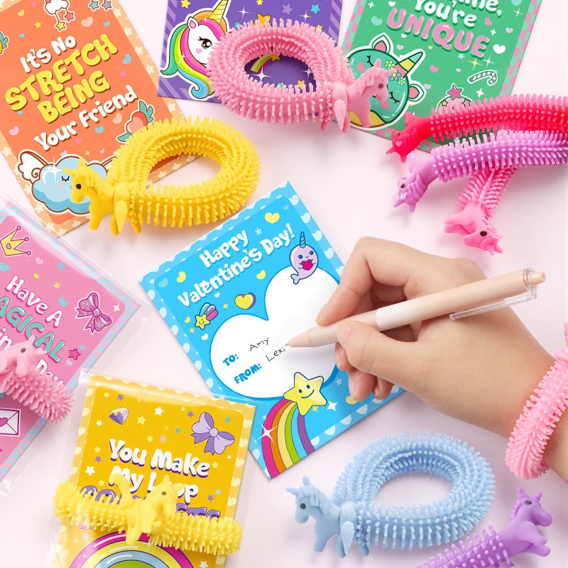 YEGEER Valentines Day Cards for Kids Classroom Exchange - 30 Pack Unicorn Valentine Cards with Stretchy String Toys, School Valentines Gifts for Boys Girls - Image 4