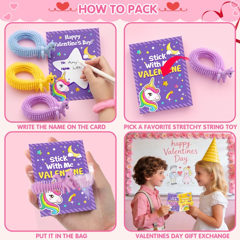 YEGEER Valentines Day Cards for Kids Classroom Exchange - 30 Pack Unicorn Valentine Cards with Stretchy String Toys, School Valentines Gifts for Boys Girls - Image 5