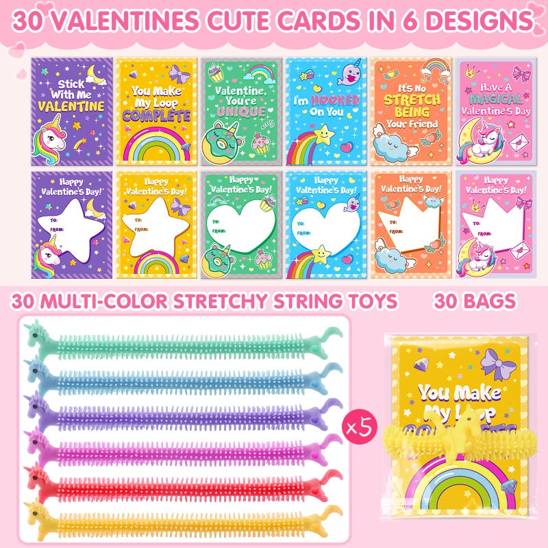 YEGEER Valentines Day Cards for Kids Classroom Exchange - 30 Pack Unicorn Valentine Cards with Stretchy String Toys, School Valentines Gifts for Boys Girls - Image 2