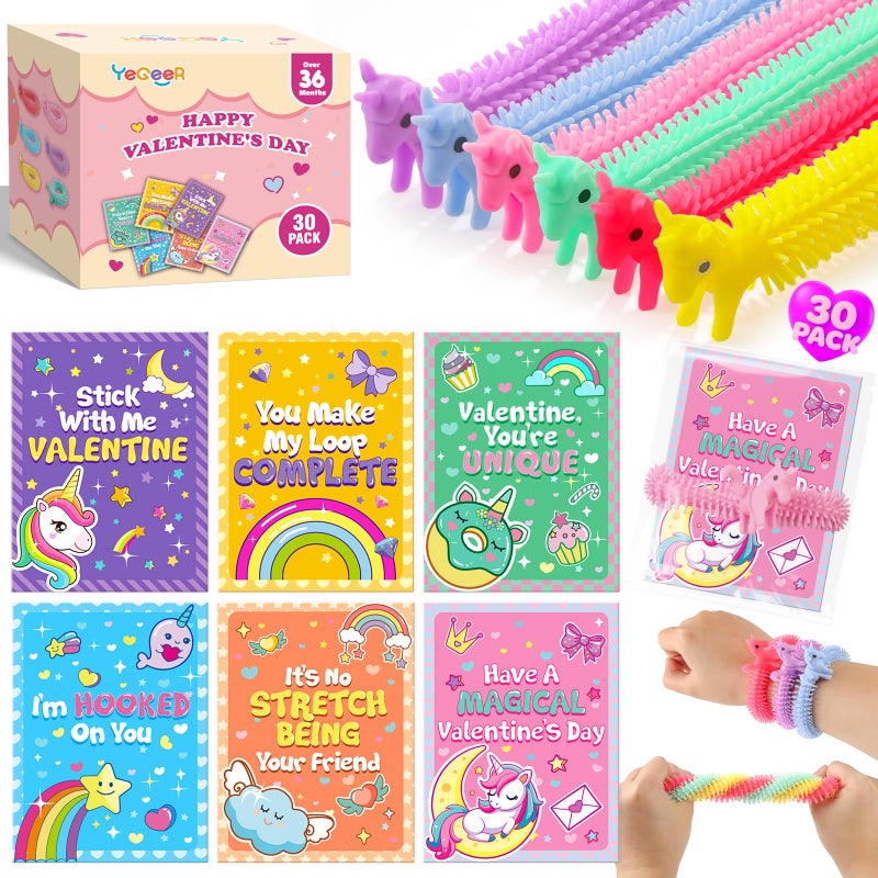 YEGEER Valentines Day Cards for Kids Classroom Exchange - 30 Pack Unicorn Valentine Cards with Stretchy String Toys, School Valentines Gifts for Boys Girls - Image 1