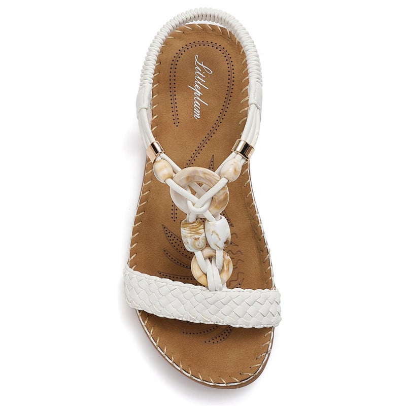 Littleplum Women Sandals Arch Support Handmade Bohemian Braided Flat Sandals Comfort Walking Beach Ankle Elastic Summer Shoes Fashion White Size 8 - Image 1