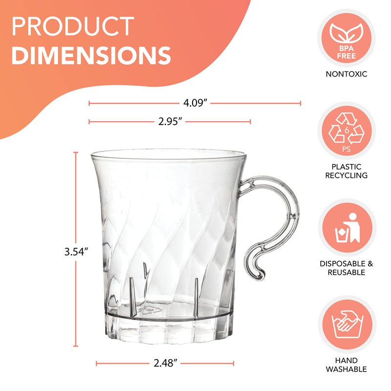 Party Essentials Hard Plastic 8 oz. Swirled Coffee/Tea/ Party Cups With Handle  Clear  20 Count (N810-2) - Image 2