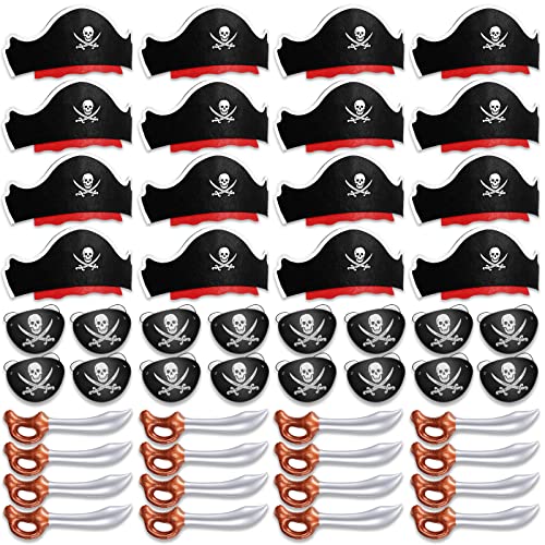 Legigo 48 Pcs Funny Pirate Party Set Include 16 Pirate Hats 16 Eye Patches 16 Inflatable Swords for Pirate Party Cosplay Caribbean Dress Accessories - Image 1