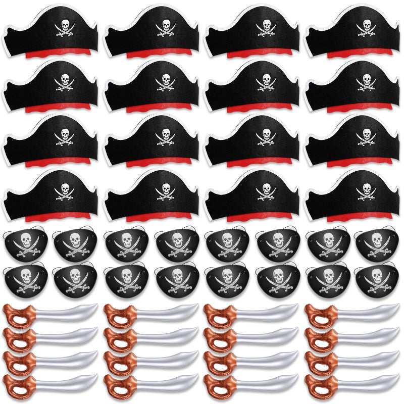 Legigo 48 Pcs Funny Pirate Party Set Include 16 Pirate Hats 16 Eye Patches 16 Inflatable Swords for Pirate Party Cosplay Caribbean Dress Accessories - Image 3