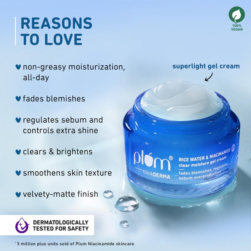 Plum 2 Niacinamide  Rice Water Superlight Gel Cream Moisturizer for Face  OilFree Hydration  Brightens Fades Blemishes  DermatTested  All Skin Types  Women  Men  100 Vegan  50 g - Image 2