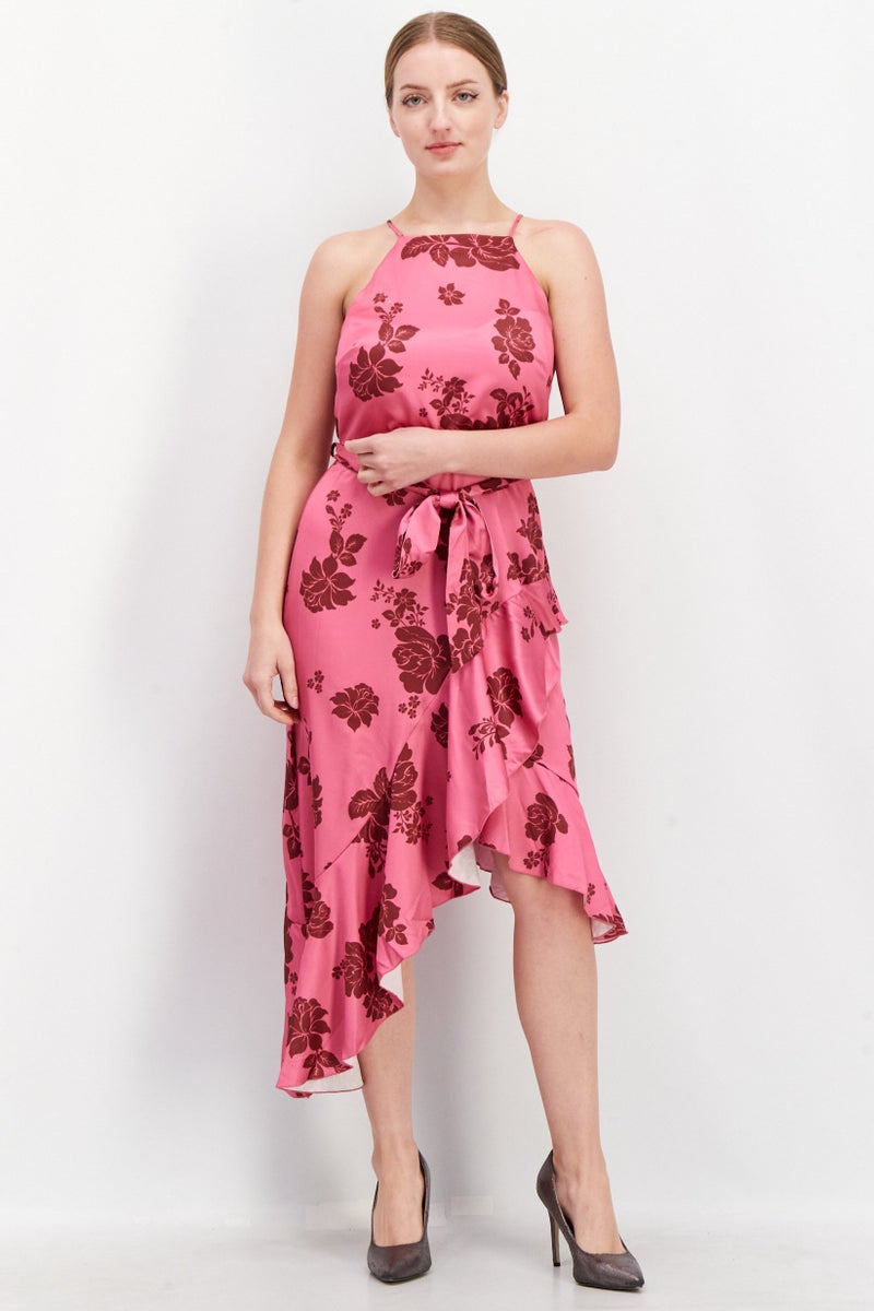 Style Cheat Women Floral Printed Midi Belted Casual Dress, Pink - Image 1