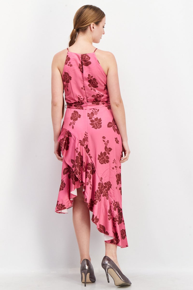 Style Cheat Women Floral Printed Midi Belted Casual Dress, Pink - Image 3