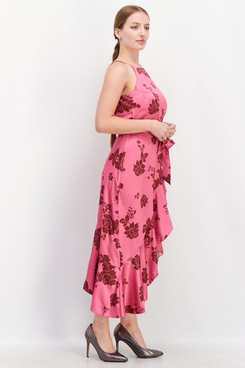 Style Cheat Women Floral Printed Midi Belted Casual Dress, Pink - Image 2