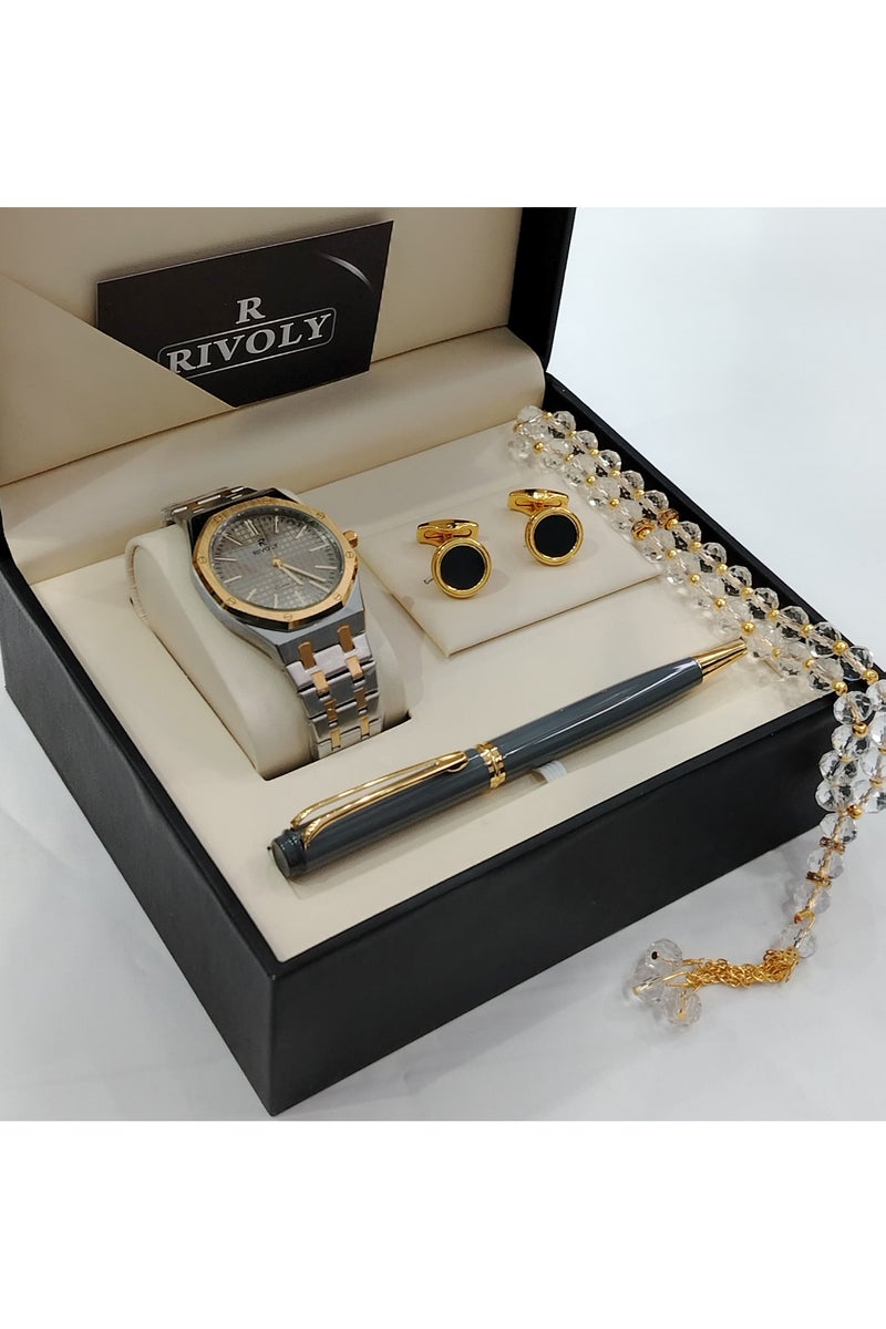 ريفولي طقم رجالي من الستانلس ستيل يتكون من ساعة وسبحة وقلم وازرار اكمام