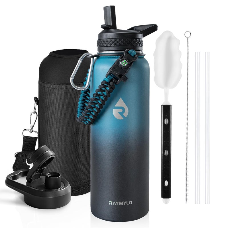 RAYMYLO Insulated Water Bottle 40 oz  Triple Wall Vacuum Stainless Steel (Cold for 48 Hrs)  Leak Proof & BPA-Free  Modern Water Flask Jug with Paracord Handle & Straw Spout Lids  Indigo/Black