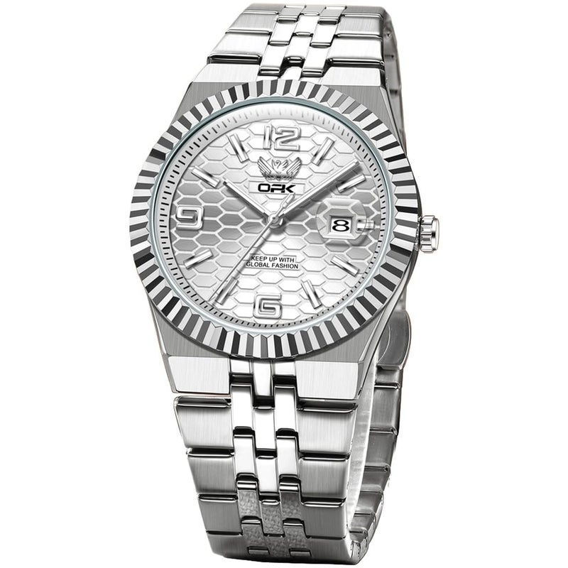 OPK Watch for Men Silver White Business Large Analog Quartz Stainless Steel Day Date Waterproof Luminous Casual Wrist Watches - Image 1