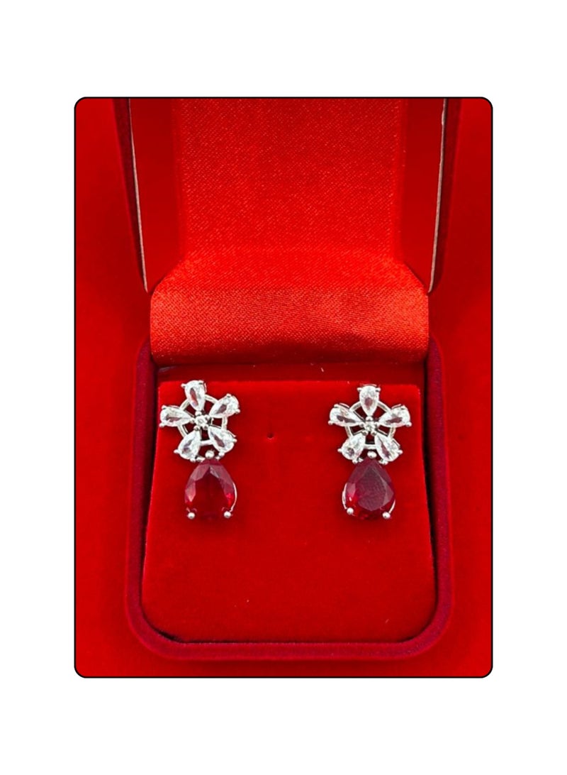 Armaaj Elegant Silver toned bridal necklace set,pear shaped ruby red pendant drop - Image 2