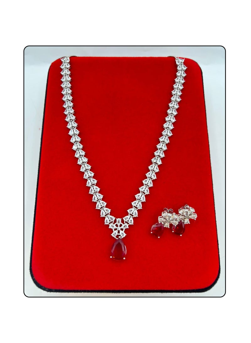Armaaj Elegant Silver toned bridal necklace set,pear shaped ruby red pendant drop - Image 1